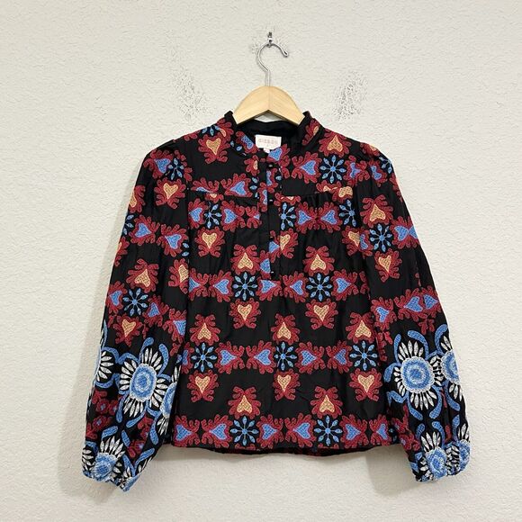 CIEBON Yola Embroidered Blouse Geometric Puff Sleeve Cotton Peasant - Picture 1 of 11